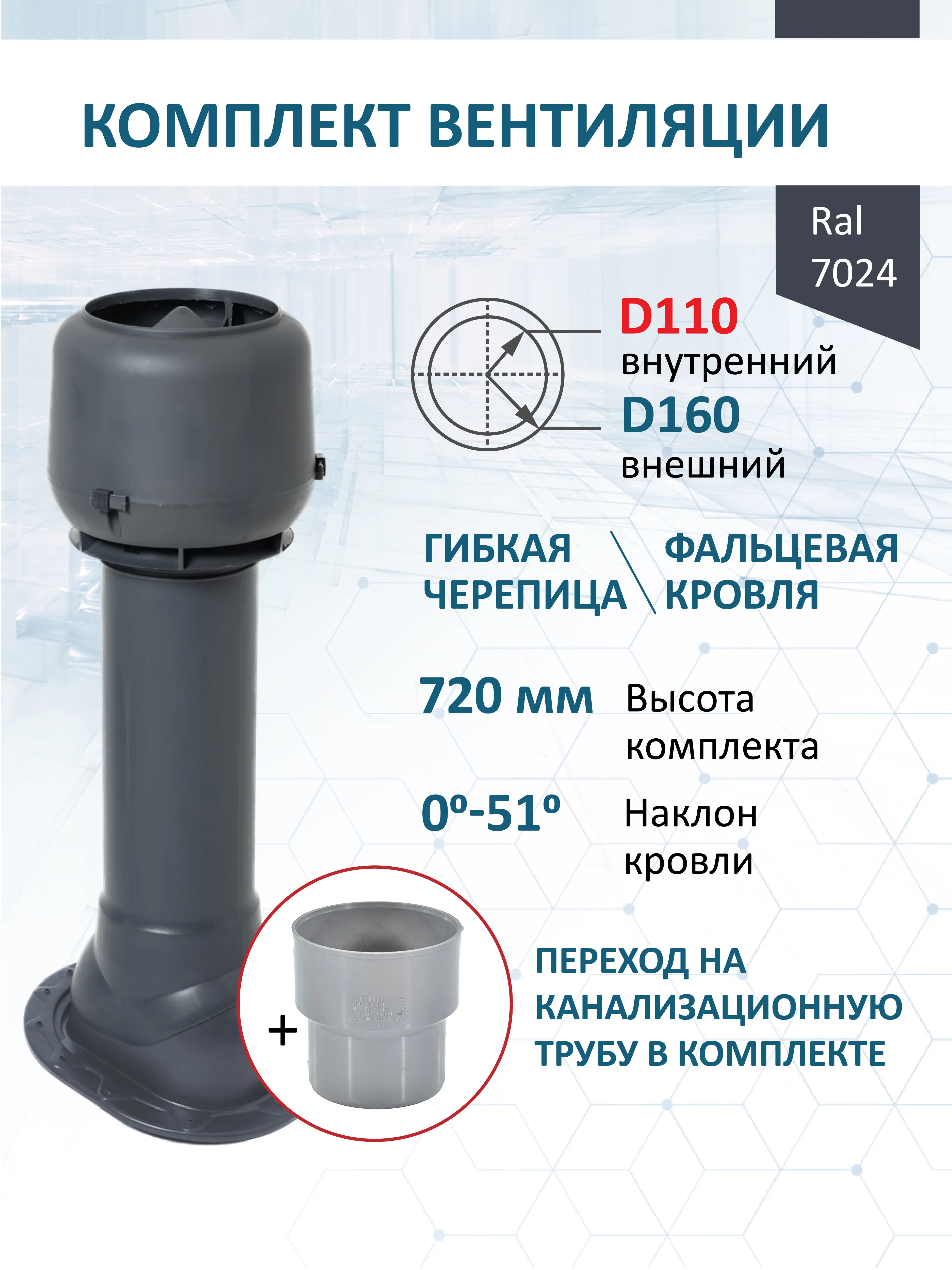 Изображение товара Комплект кровельной вентиляции Татполимер VVT160-700/KT160 для скатной кровли