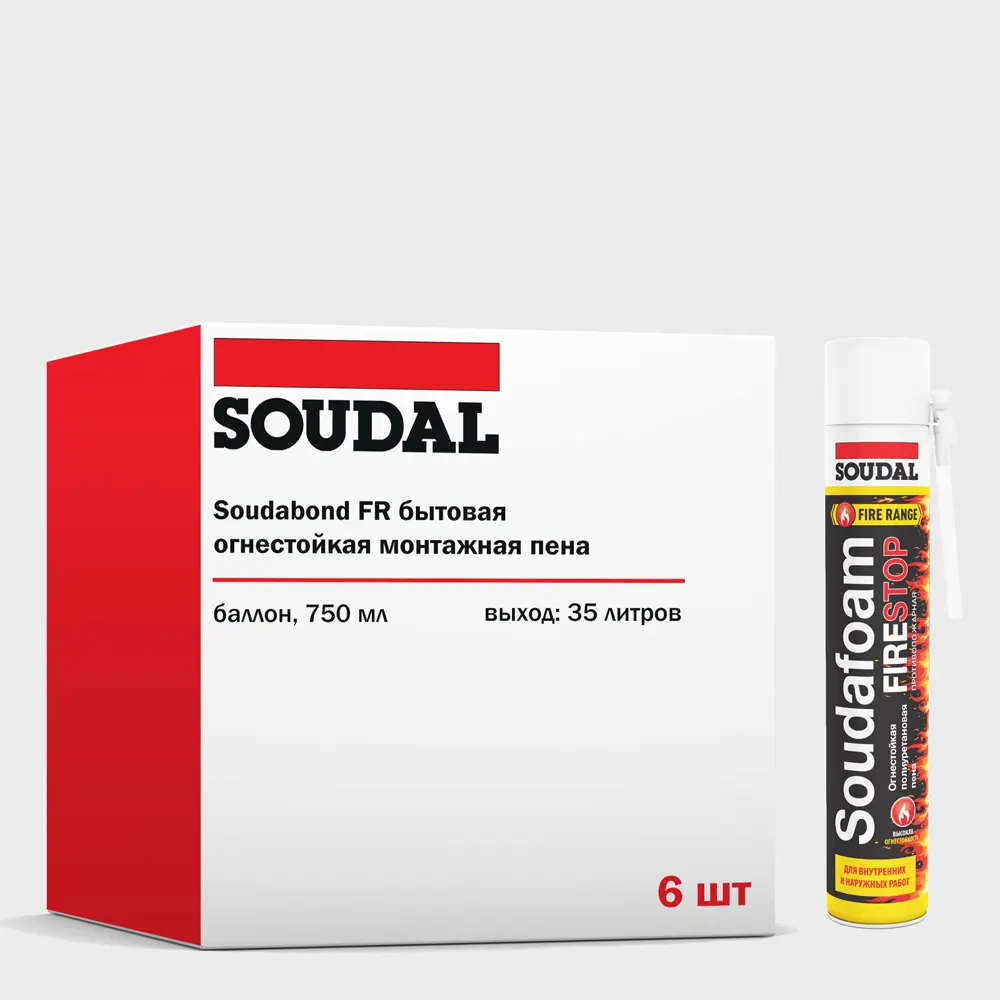 Изображение товара Пена монтажная бытовая Soudal Soudafoam FR Mp750.006.06 35 огнестойкая летняя 750 мл 6 шт