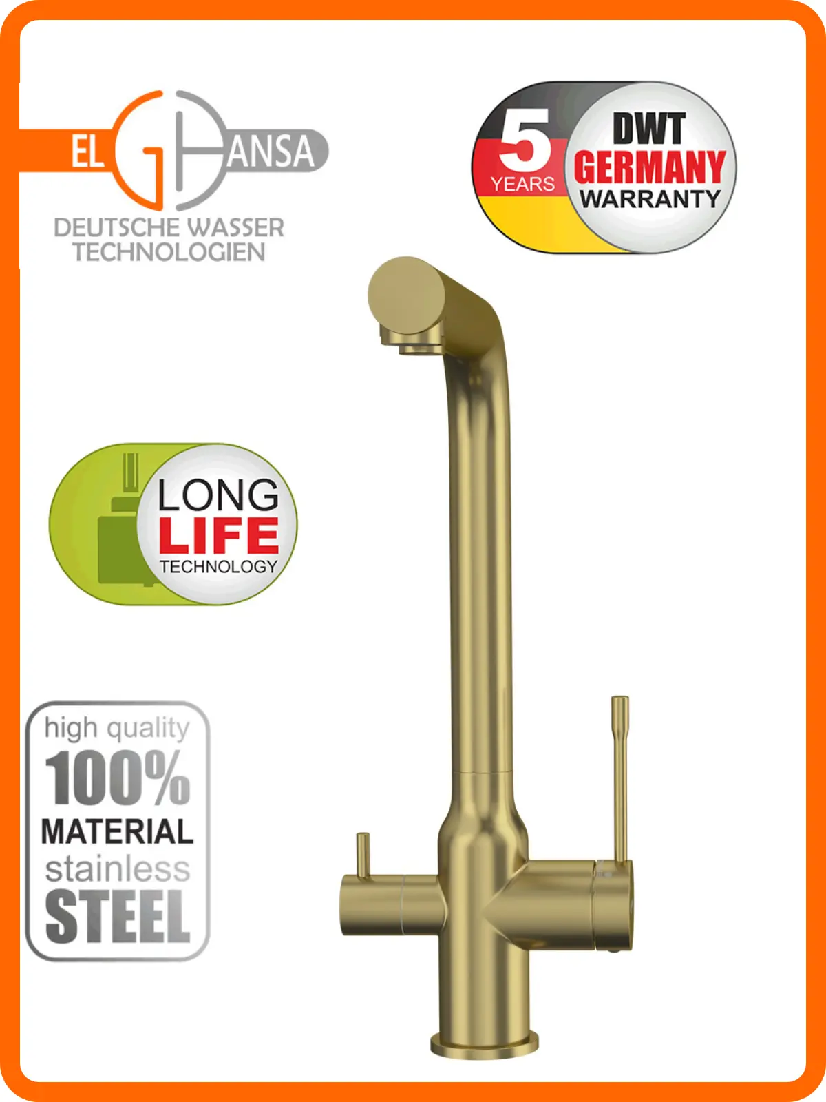 Изображение товара Смеситель для кухни с каналом для фильтрованной воды и поворотным аэратором Elghansa 56A5026-MattGold Цвет - Матовое Золото