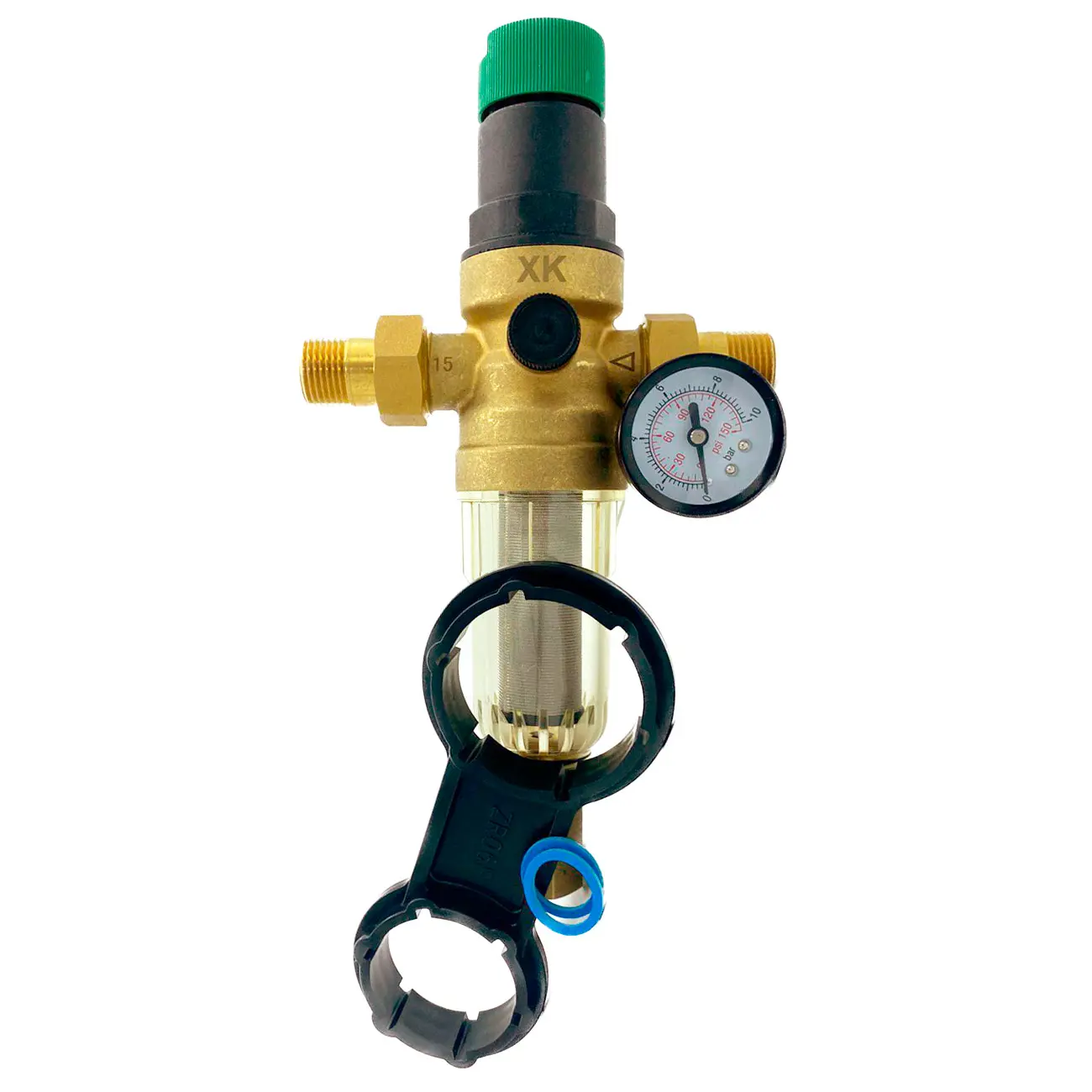 Изображение товара Фильтр косой ХК DN15 1/2" для холодной воды наружный латунь 100 мкм с клапаном давления