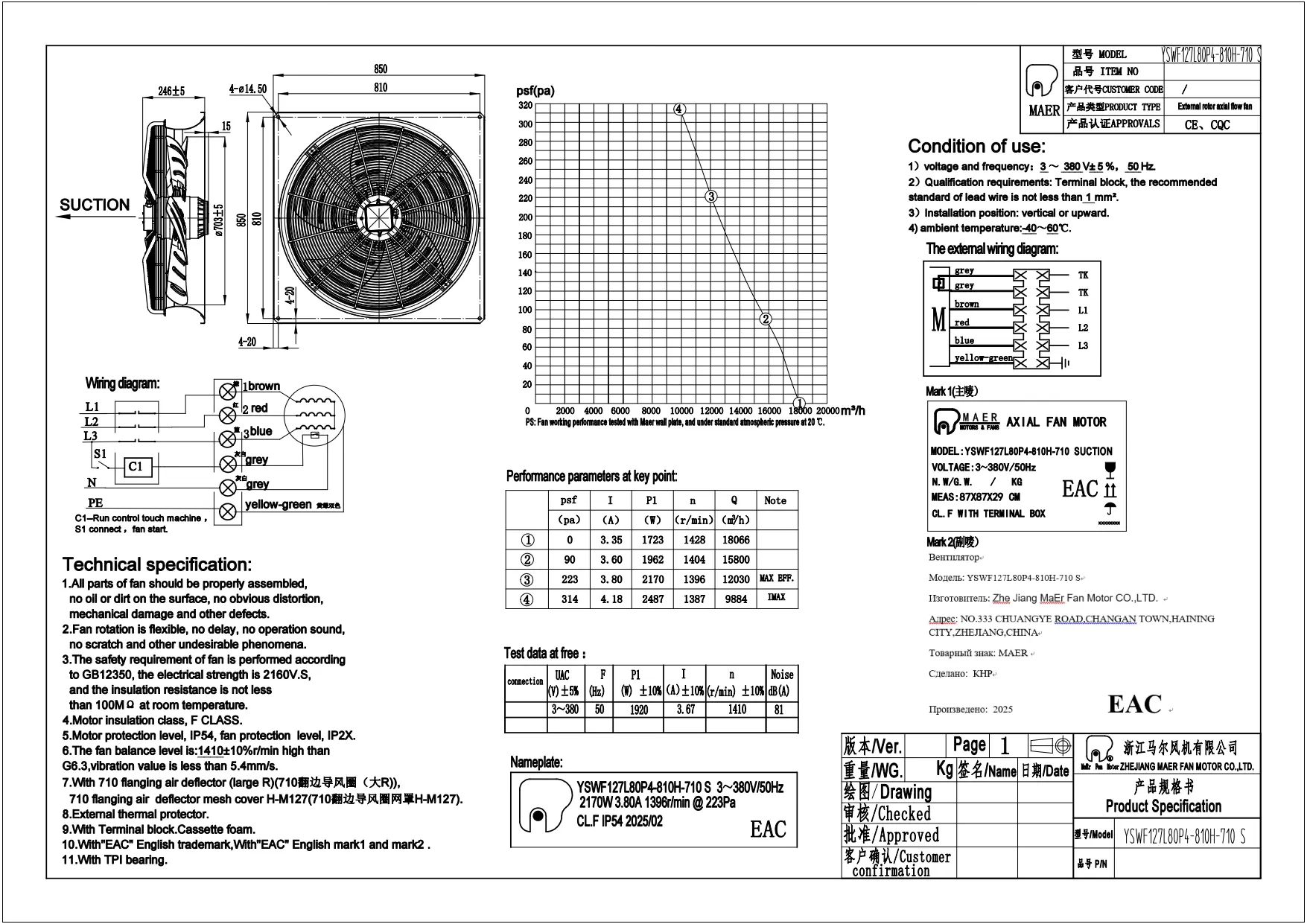 Изображение товара Вытяжной вентилятор Maer YSWF127L80P4-810H-710S D710 мм 81 дБ 18066 м³/ч цвет черный