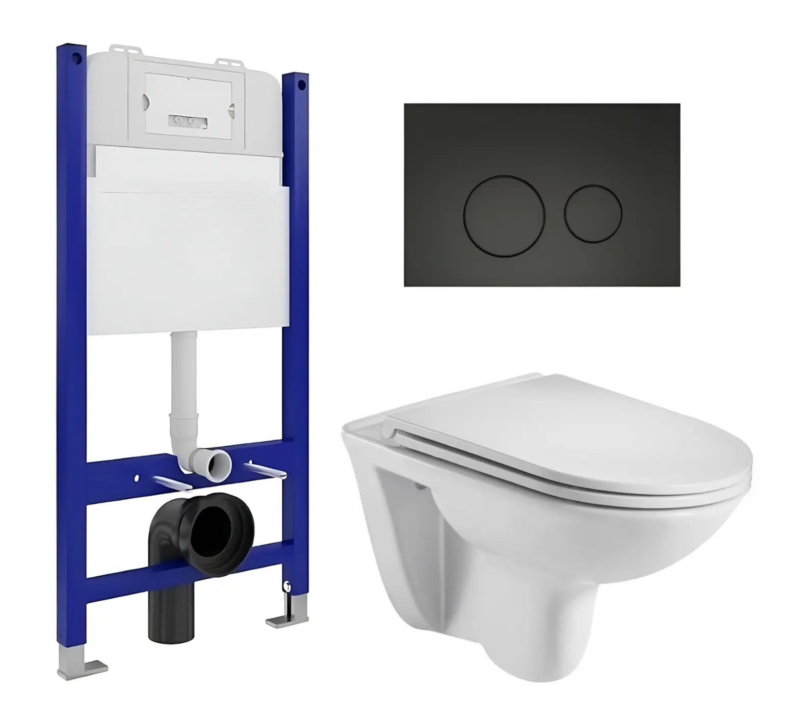 Изображение товара Комплект инсталляция с унитазом 3 в 1 Enio Tecnico 50 унитаз подвесной WeltWasser Baarbach GL-WT + кнопка черная матовая Rotondo