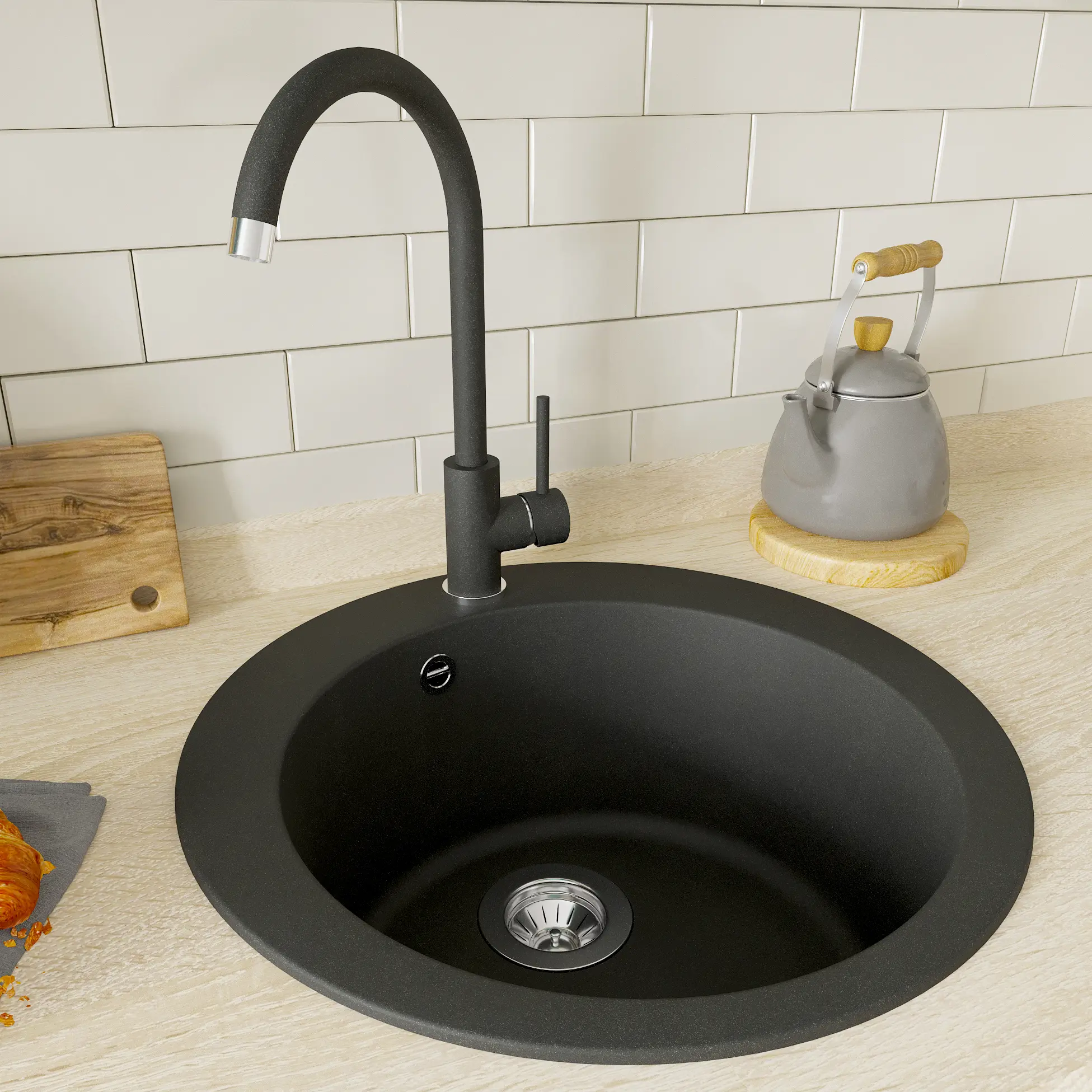 Изображение товара Мойка для кухни врезная Granfest Quarz GF-Z-08 черная 47.9x47.9 см глубина 18 см