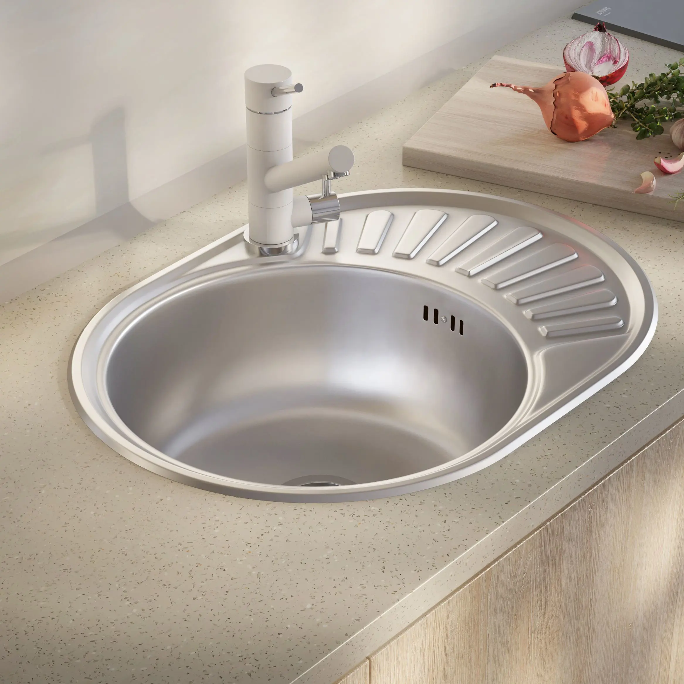 Изображение товара Мойка для кухни врезная с крылом Kromrus 57x45 глубина чаши 16 см нержавеющая сталь цвет серебристый