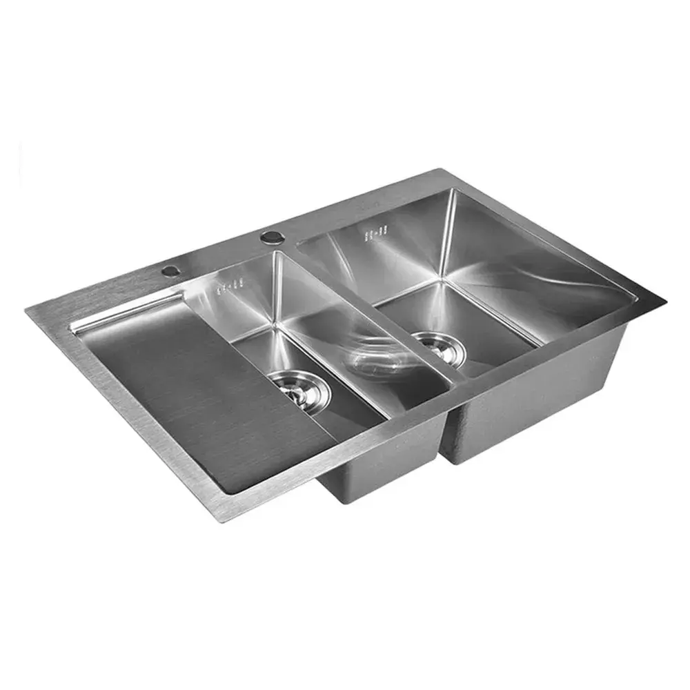 Изображение товара Мойка для кухни двойная нержавеющая 78x51 Wisent сатин с сифоном WW37851-SR/WS-02-2