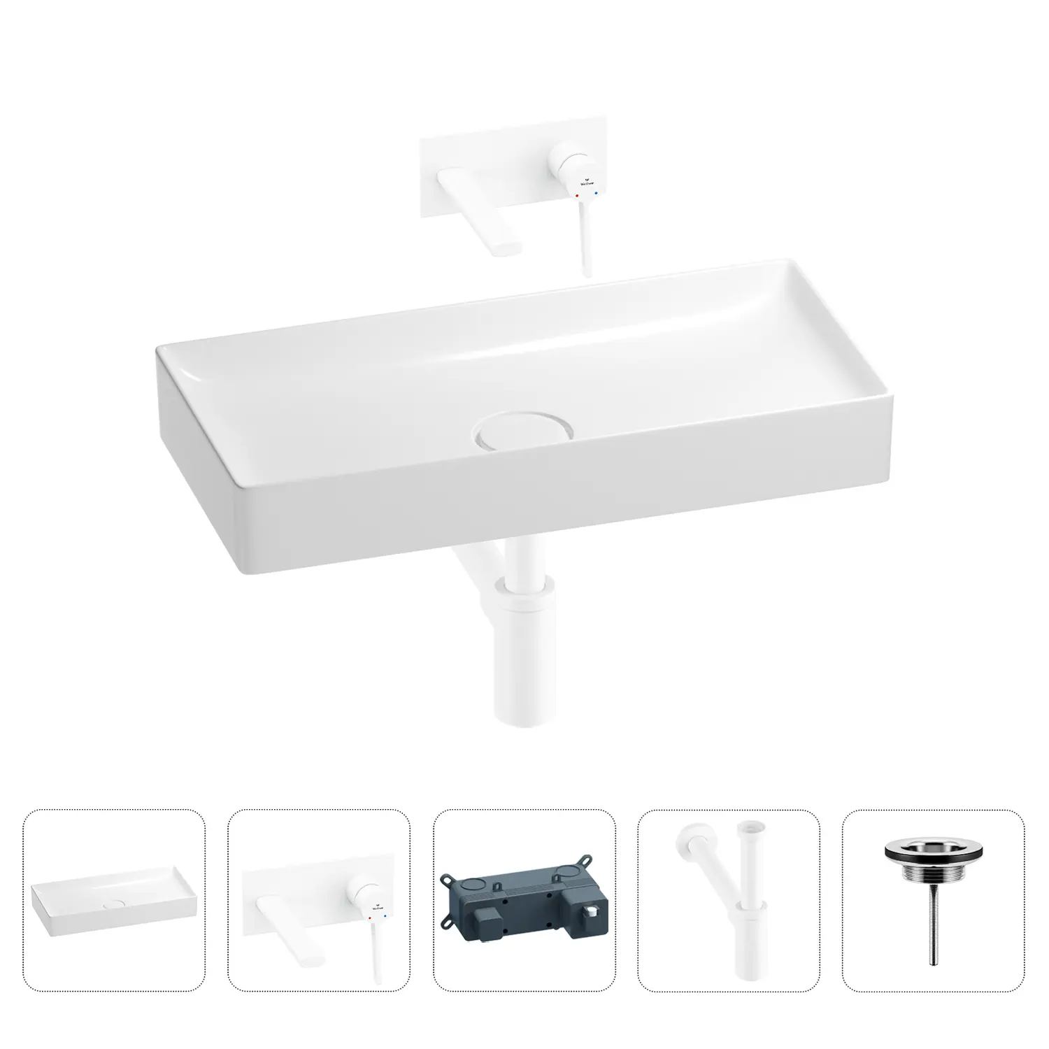 Изображение товара Раковина для ванной Wellsee Pure BY Wellsee 201002720 в наборе 4 в 1: раковина белая глянцевая, встраиваемый смеситель, сифон