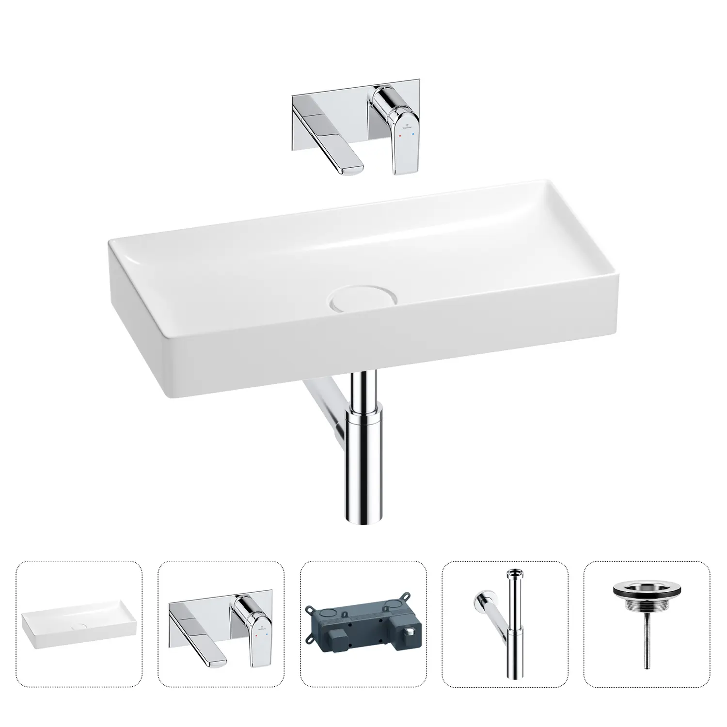 Изображение товара Раковина для ванной Wellsee Pure BY Wellsee 201002771 в наборе 4 в 1: раковина белая глянцевая, встраиваемый смеситель, сифон