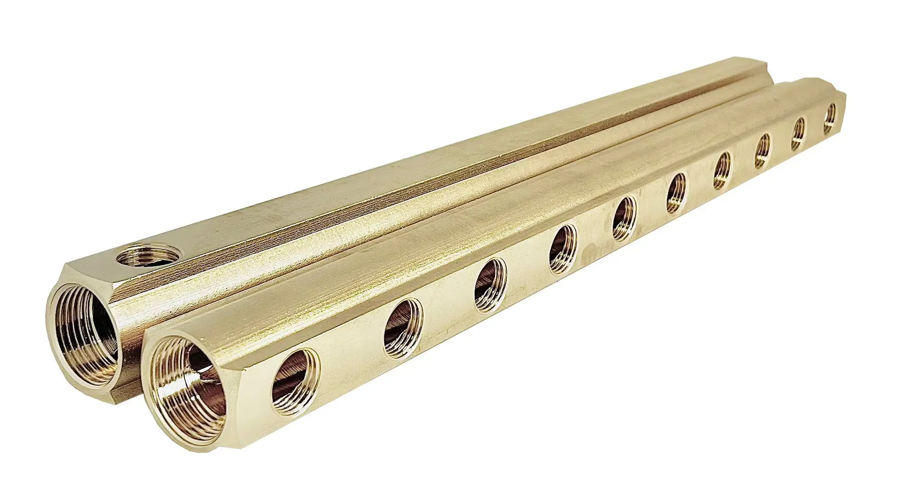 Изображение товара Коллектор распределительный Апогей 422021 1"x1/2" под плоское уплотнение 10 выходов латунь