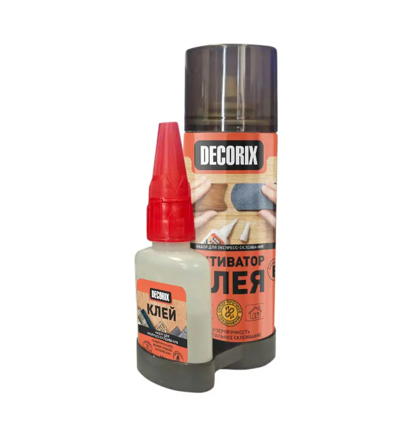 Изображение товара Двухкомпонентный клей Decorix 0151-02 DX супер клей 50 г и аэрозольный активатор 270 мл бесцветный