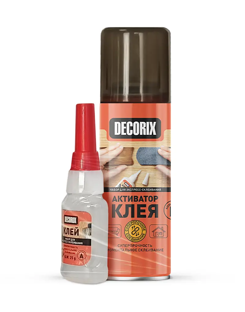 Изображение товара Двухкомпонентный клей Decorix 0151-04 DX супер клей 25 г и аэрозольный активатор 140 мл бесцветный