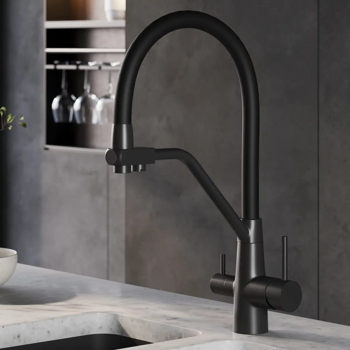 Изображение товара Смеситель для кухни Esko line EL_K102Tbs гибкий излив 23.7 см цвет черный матовый