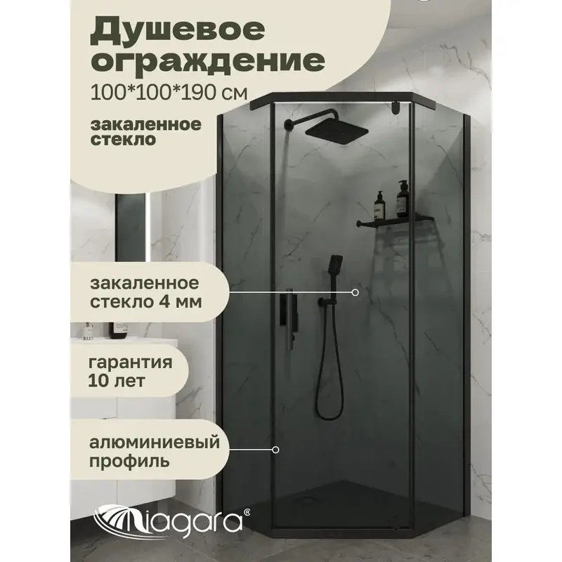 Изображение товара Душевой уголок Niagara Eco NG-1010-14DT 100x100x190 см профиль черный, стекло прозрачное