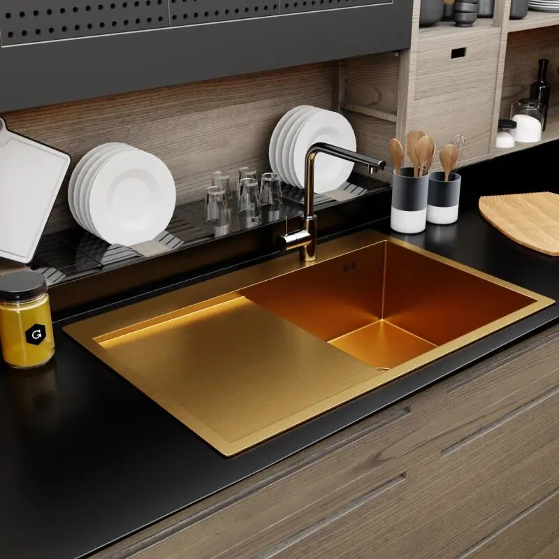 Изображение товара Мойка настольного монтажа 78х50 (3.0) правая. вып 3 1/2 TROPFBERG 20см с сифоном (золото)