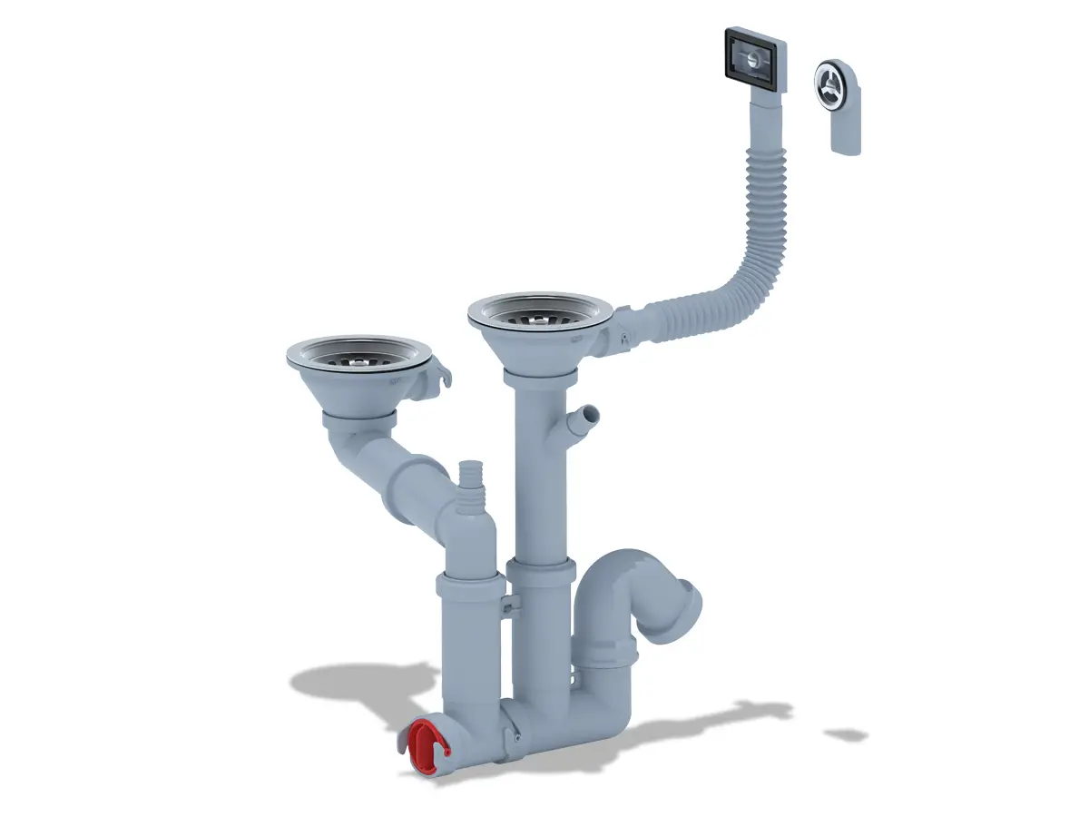 Изображение товара Сифон для мойки АНИ Пласт F серия D90 мм серый с отводом для стиральной машины