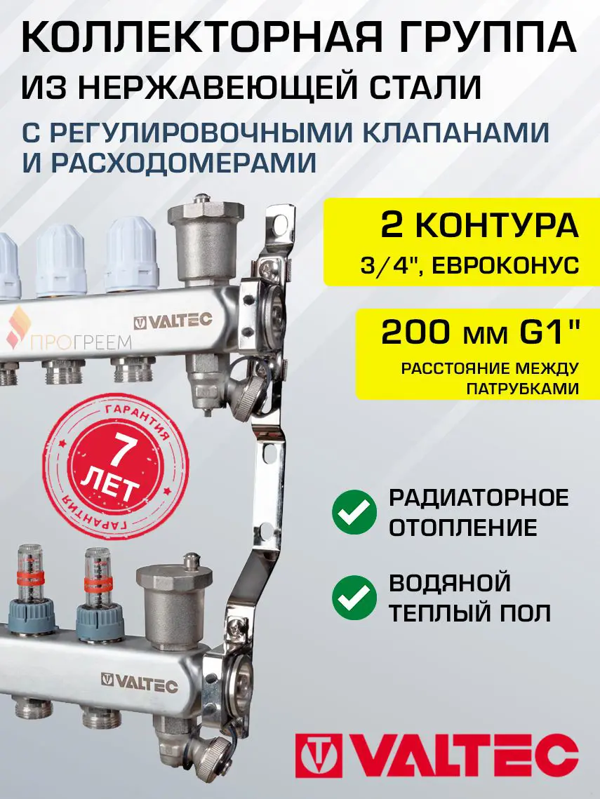 Изображение товара Коллекторная группа с расходомерами Valtec VTc.579.EMNX.0602 1"x3/4" евроконус 2 выхода латунь