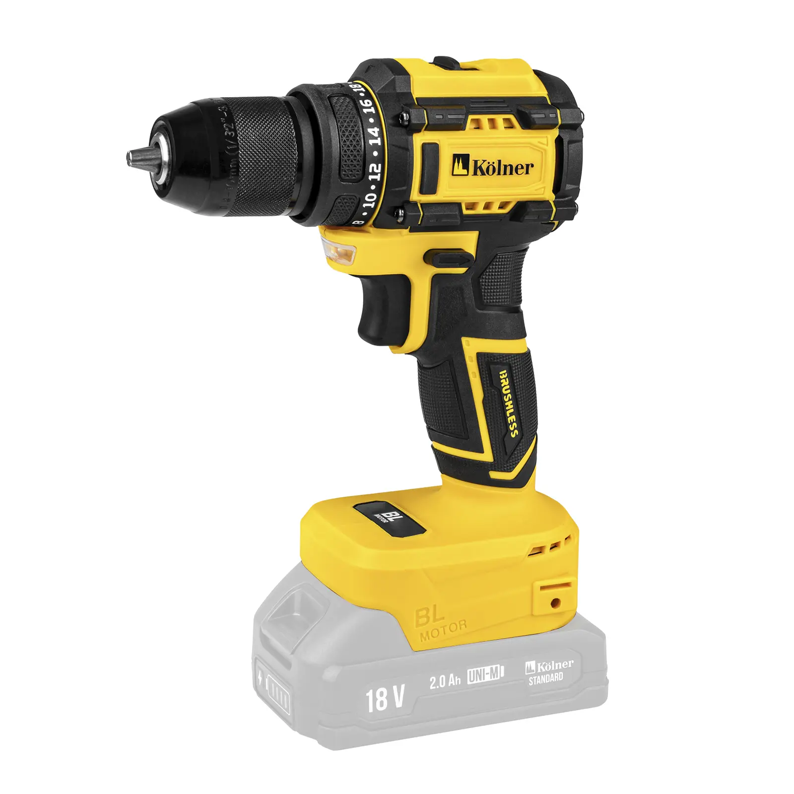 Изображение товара Дрель-шуруповерт аккумуляторная бесщеточная Kolner KDD 18BL 8020100550, 18 В Li-Ion без АКБ и ЗУ