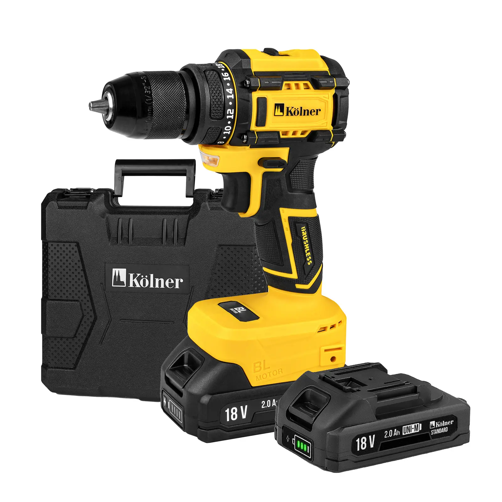 Изображение товара Дрель-шуруповерт аккумуляторная бесщеточная Kolner KDD 18BL-2K 8020100563, 18 В Li-Ion 2x2 Ач