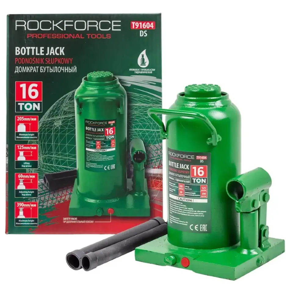 Изображение товара Домкрат бутылочный механический Rockforce RF-T91604 DS до 16 т, 227-427 мм