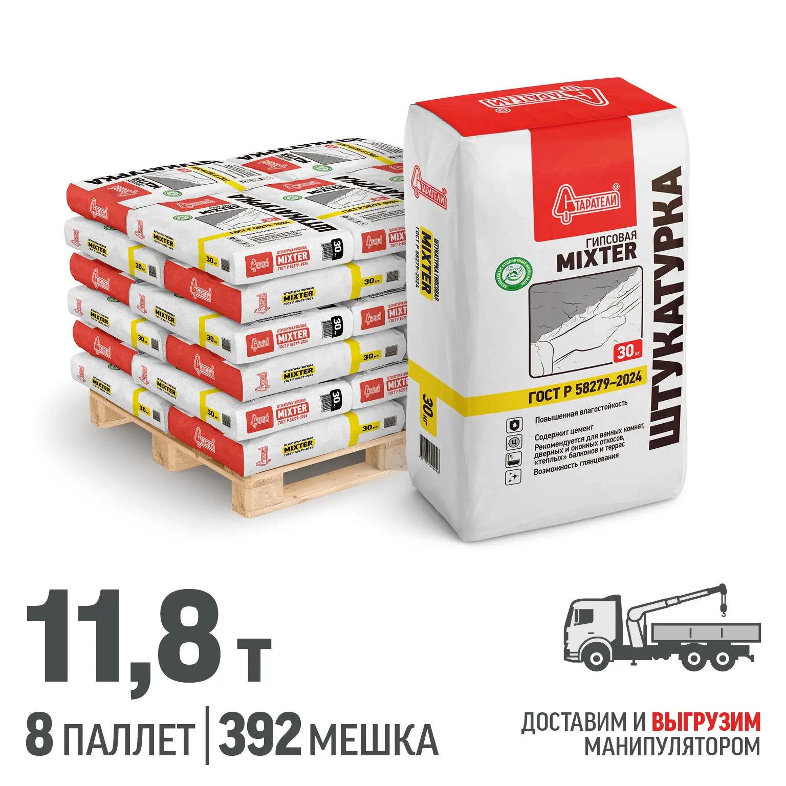 Изображение товара Штукатурка гипсовая Старатели Mixter цвет серый комплект 30кг x 392шт доставка манипулятором