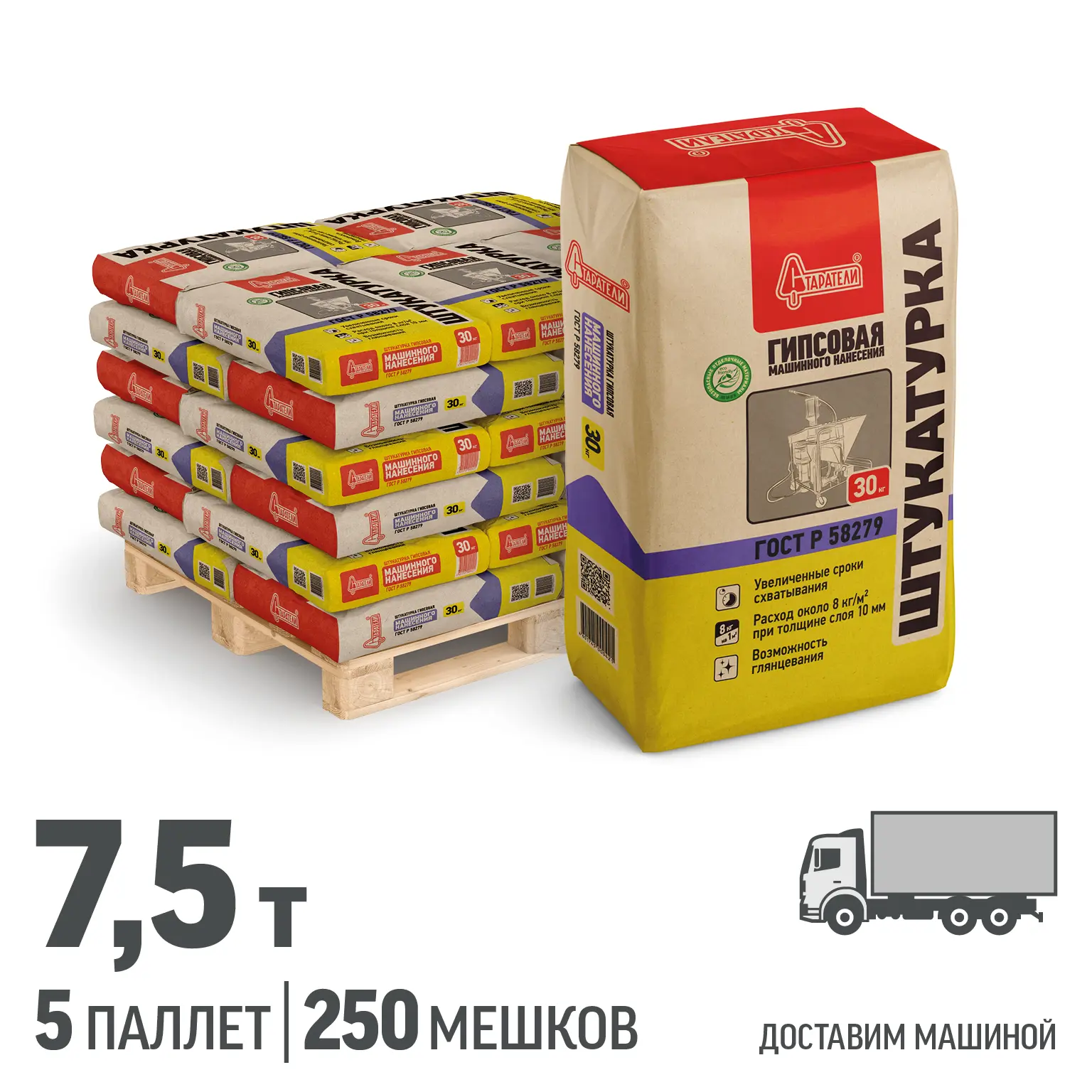 Изображение товара Штукатурка гипсовая машинного нанесения Старатели цвет серый комплект 30кг x 225шт доставка машиной без выгрузки