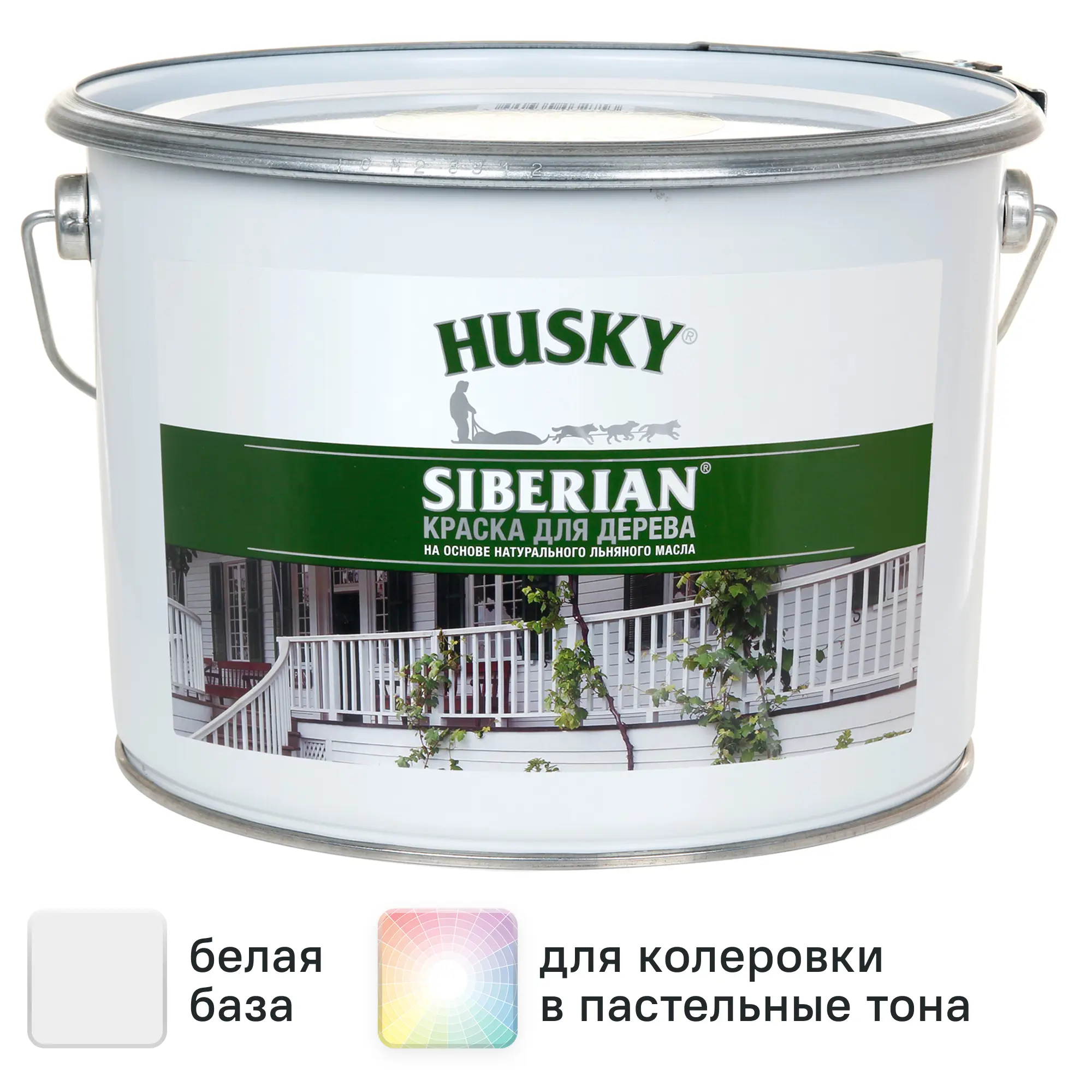 Изображение товара Краска для дерева Husky Siberian полуматовая белая 9 л для фасадов и деревянных поверхностей