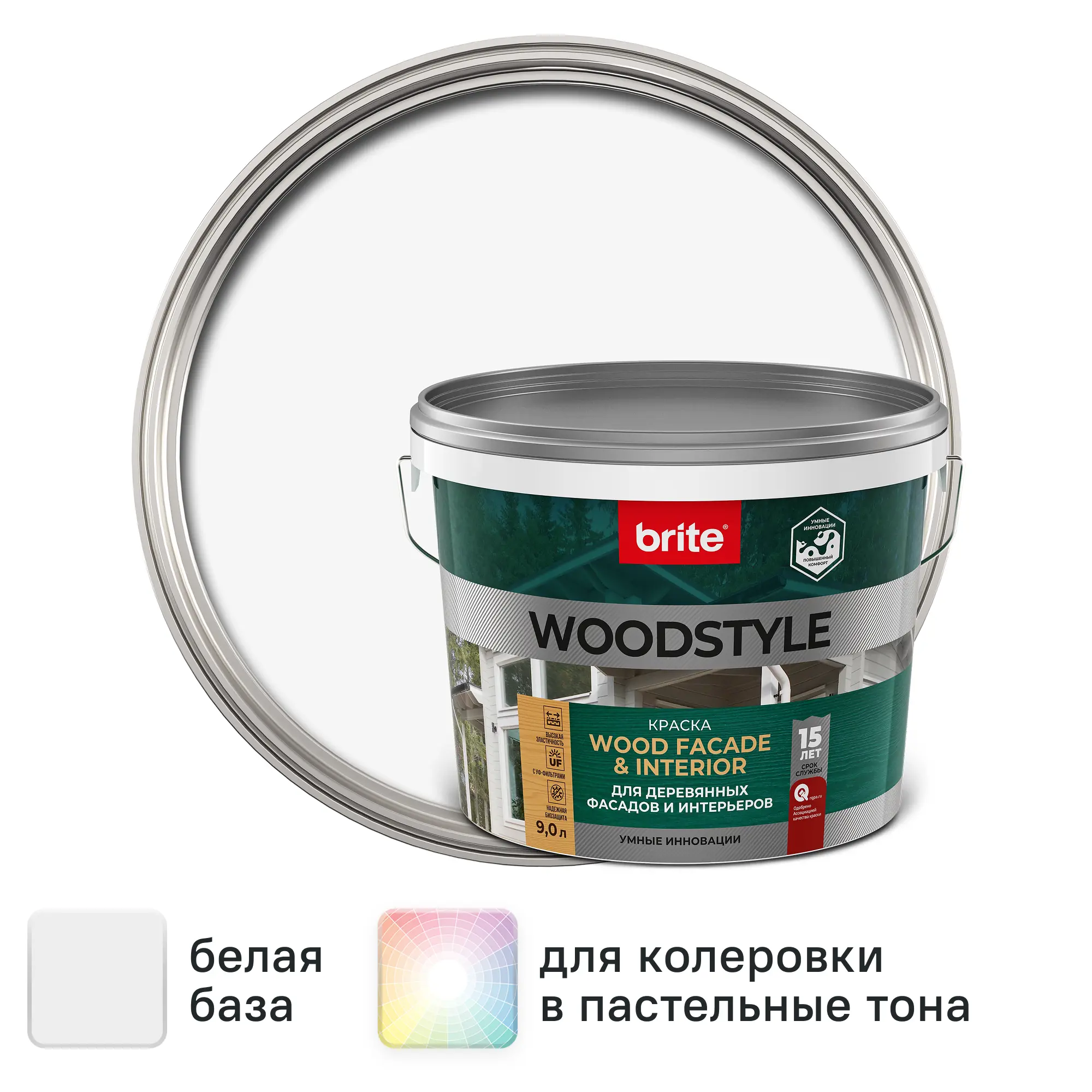 Изображение товара Краска для деревянных фасадов Brite Woodstyle Prof 9 л матовая белая, акриловая