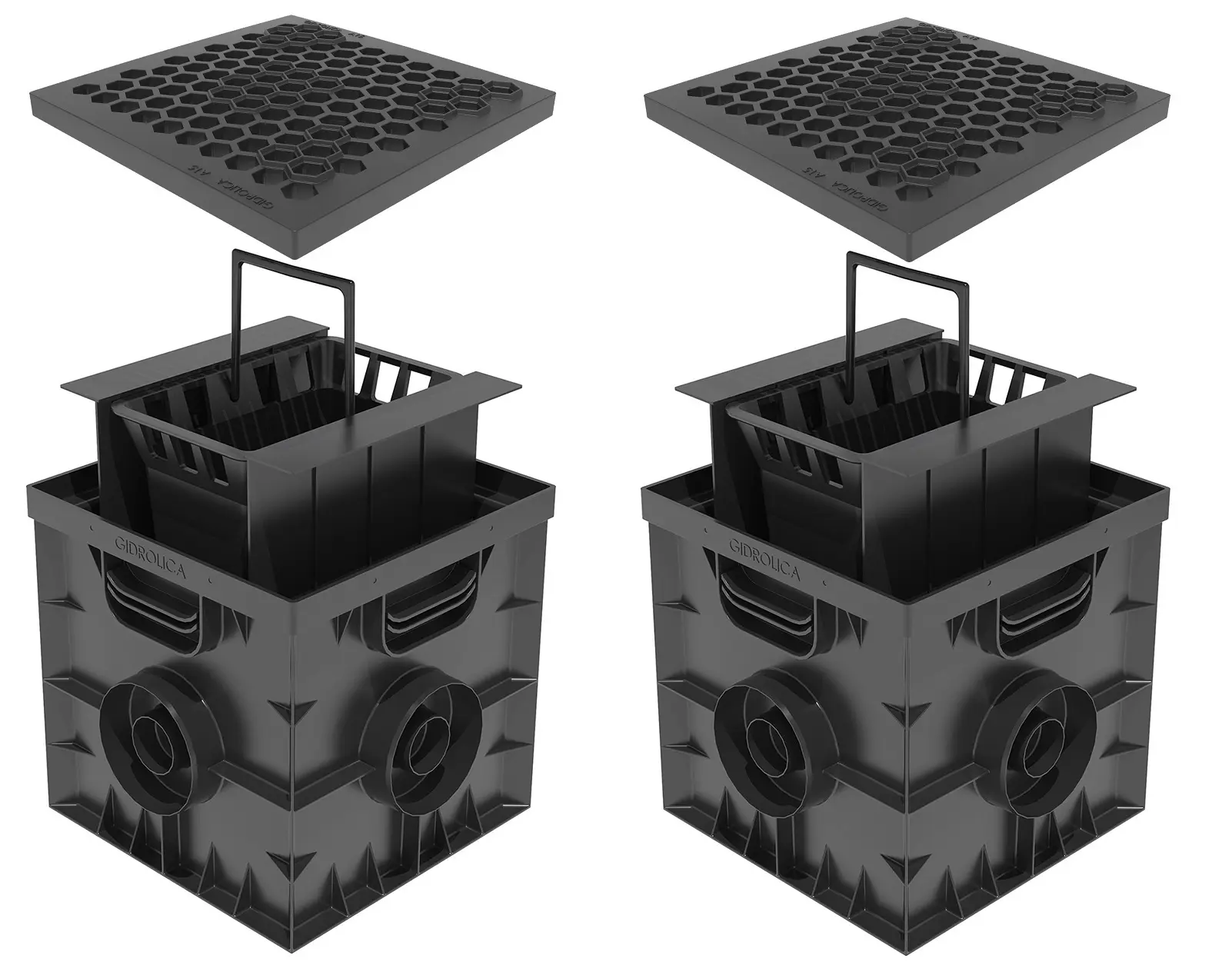 Изображение товара Дождеприемник Gidrolica Point 300х300х291мм пластиковой решеткой Соты цвет черный 2шт