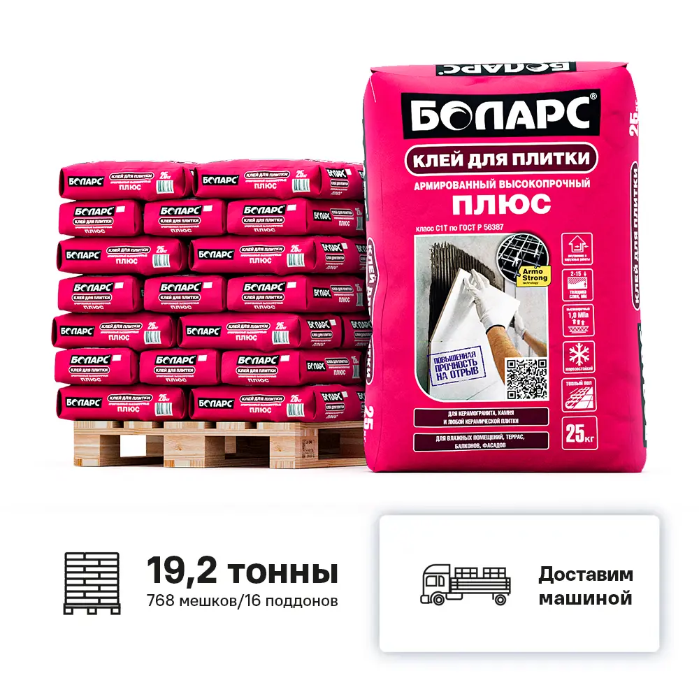 Изображение товара Клей для плитки Боларс Плюс класс C1T цвет серый комплект 25кг x 768шт с доставкой машиной без выгрузки