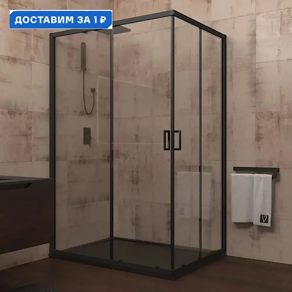 Изображение товара Душевой уголок Veconi Rovigo 363738 прямоугольный 100x80см черный профиль эффект стекла прозрачный