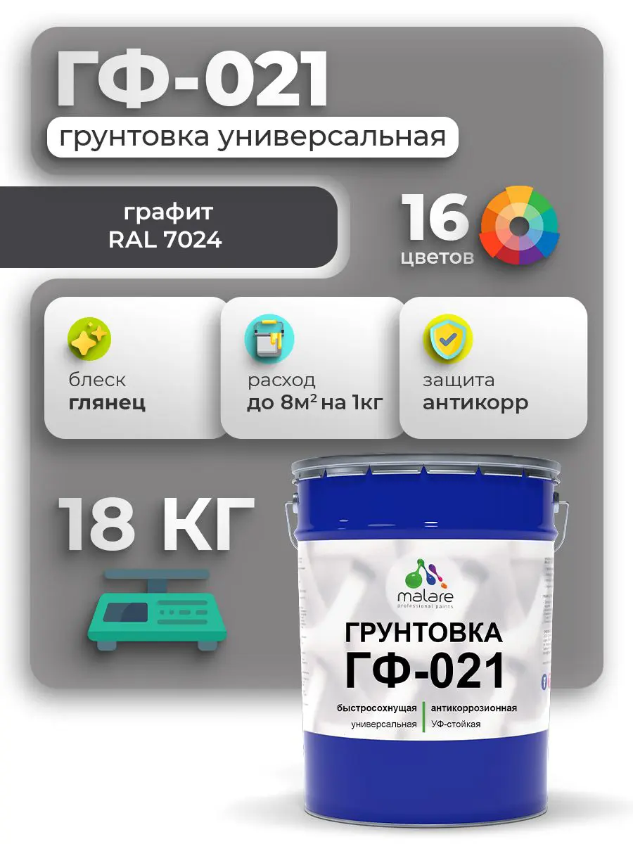 Изображение товара Грунтовка Malare Professional ГФ-021 для металла/дерева/минеральных поверхностей RAL 7024 графит глянцевая 18кг