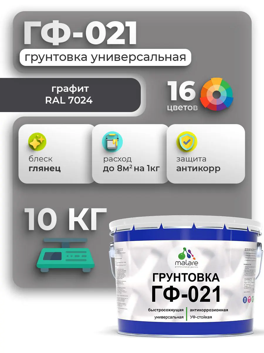 Изображение товара Грунтовка Malare Professional ГФ-021 для металла/дерева/минеральных поверхностей RAL 7024 графит глянцевая 10кг