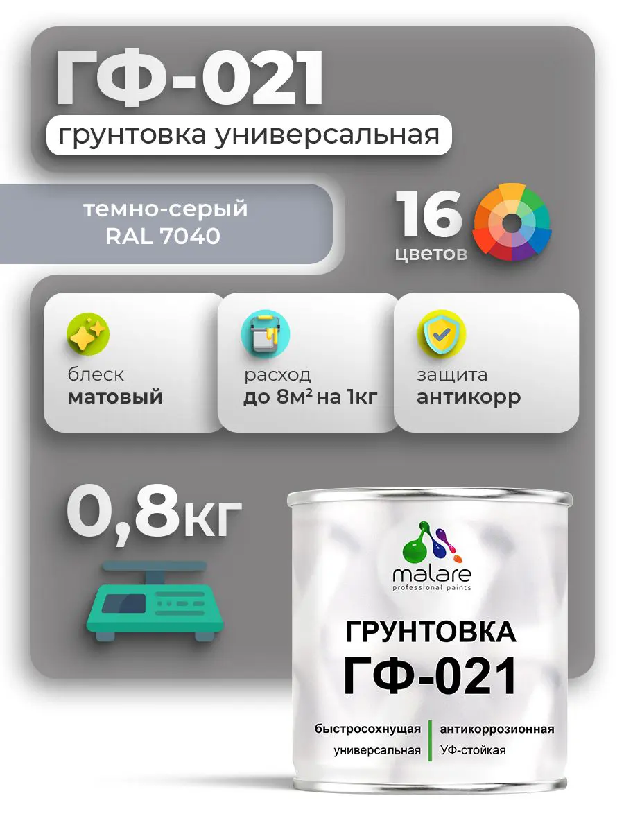 Изображение товара Грунтовка Malare Professional ГФ-021 для металла/дерева/минеральных поверхностей RAL 7040 темно-серый матовая 0.8кг