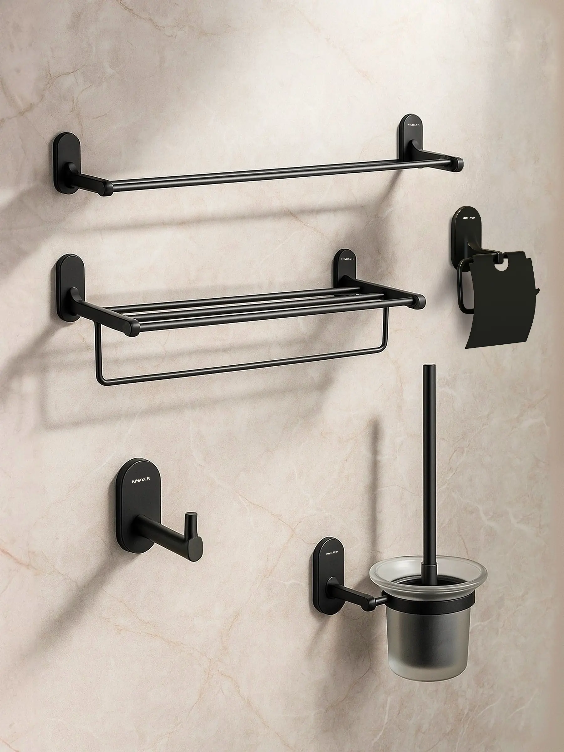 Изображение товара Набор для ванной комнаты настенный Himixer 65902239MB держатель для туалетной бумаги и полотенец, полка, ершик для унитаза, крючок черный матовый