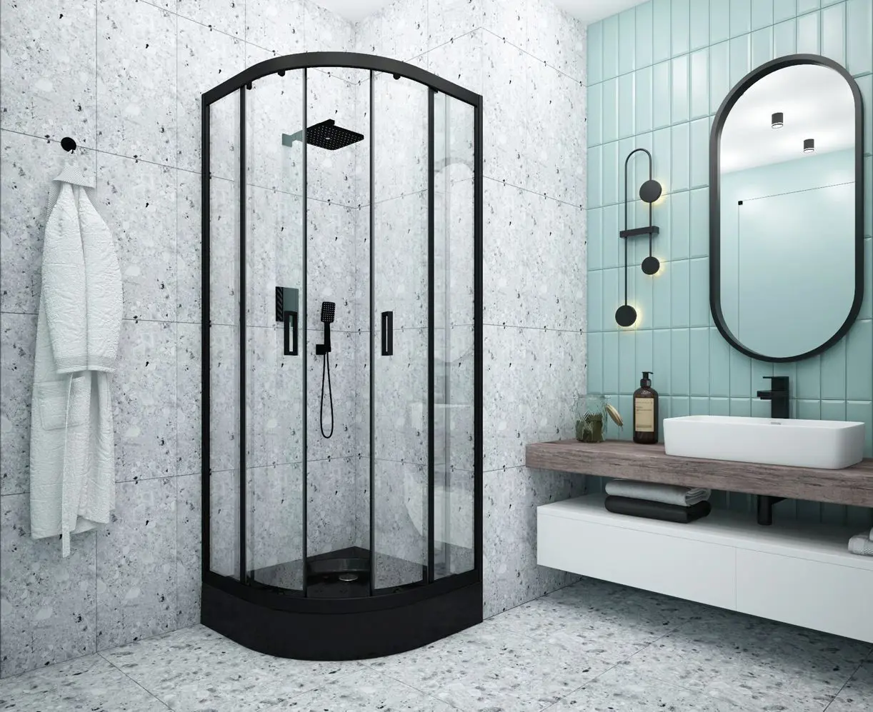 Изображение товара Душевой уголок Метакам 1/4 круга 80x80 см черный профиль прозрачное стекло раздвижной