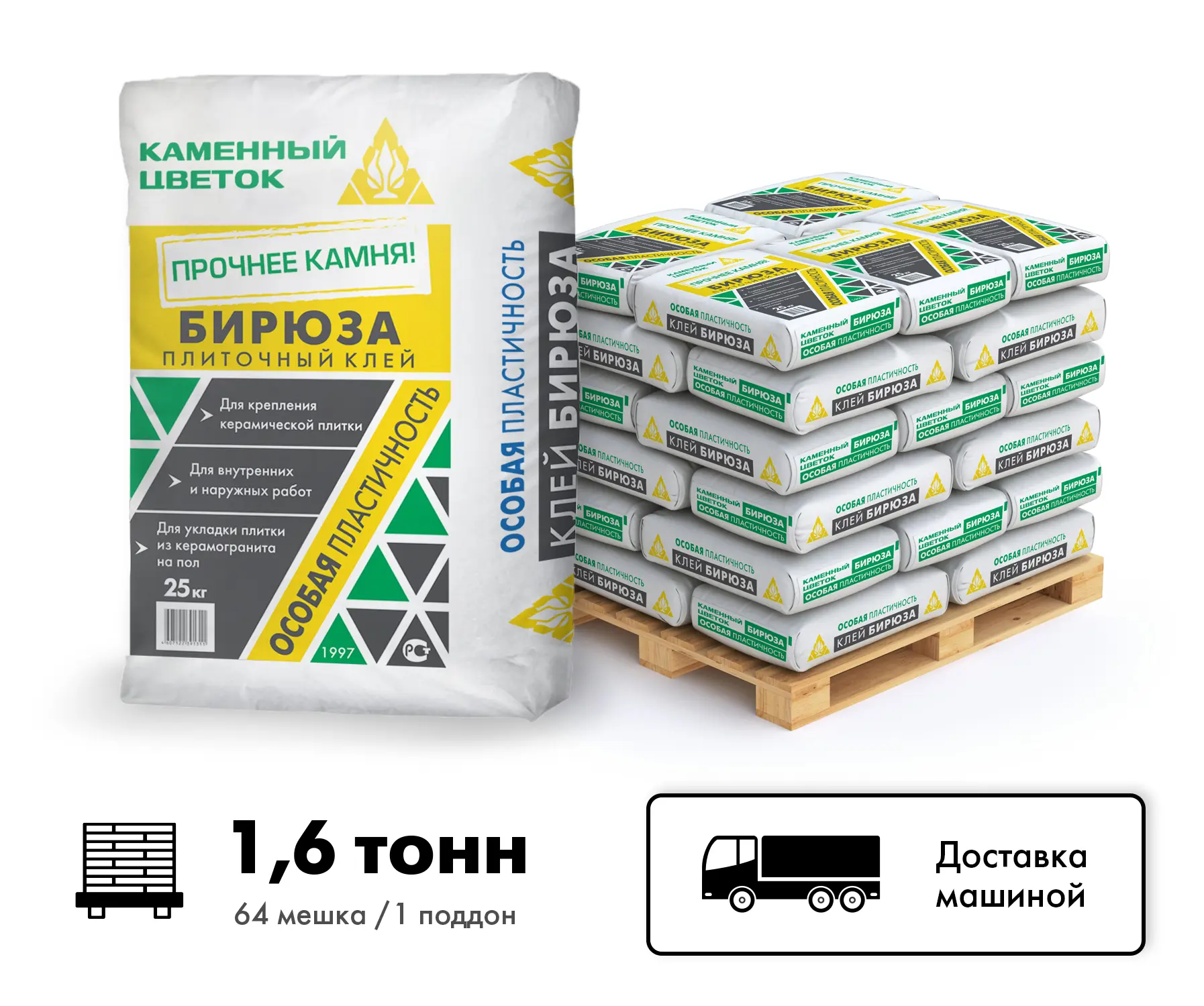 Изображение товара Клей для плитки СОТ для внутренних и наружных работ ТМ Каменный цветок Бирюза цвет серый комплект 25кг x 64шт машиной без выгрузки