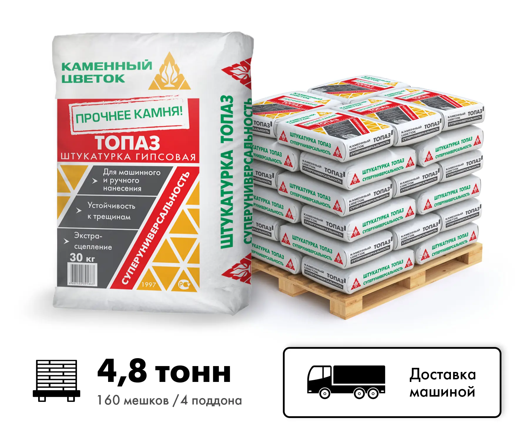 Изображение товара Штукатурка гипсовая легкая ТМ Каменный цветок Топаз цвет серый комплект 30кг x 160шт машиной без выгрузки