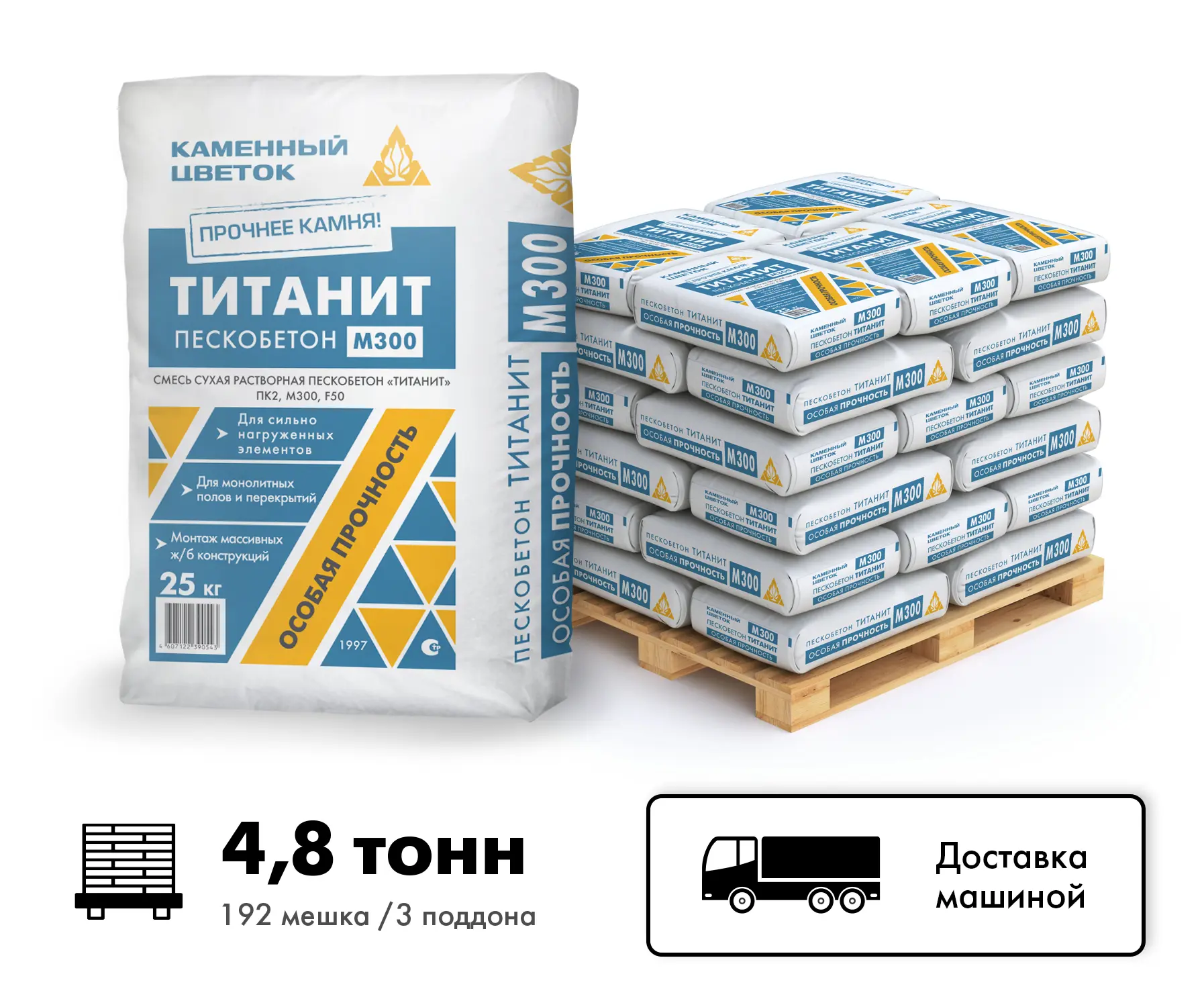 Изображение товара Пескобетон ТМ Каменный цветок Титанит М300 цвет серый комплект 25кг x 192шт машиной без выгрузки