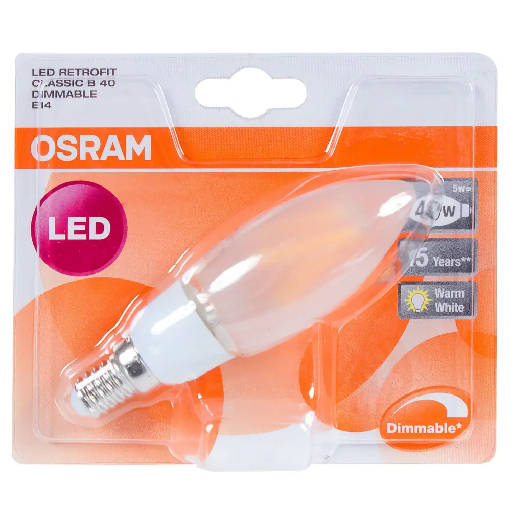 Фото 2 Лампа светодиодная диммируемая Osram E14 5 Вт 470 Лм свет тёплый белый матовая Фото 2 Лампа светодиодная диммируемая Osram E14 5 Вт 470 Лм свет тёплый белый матовая