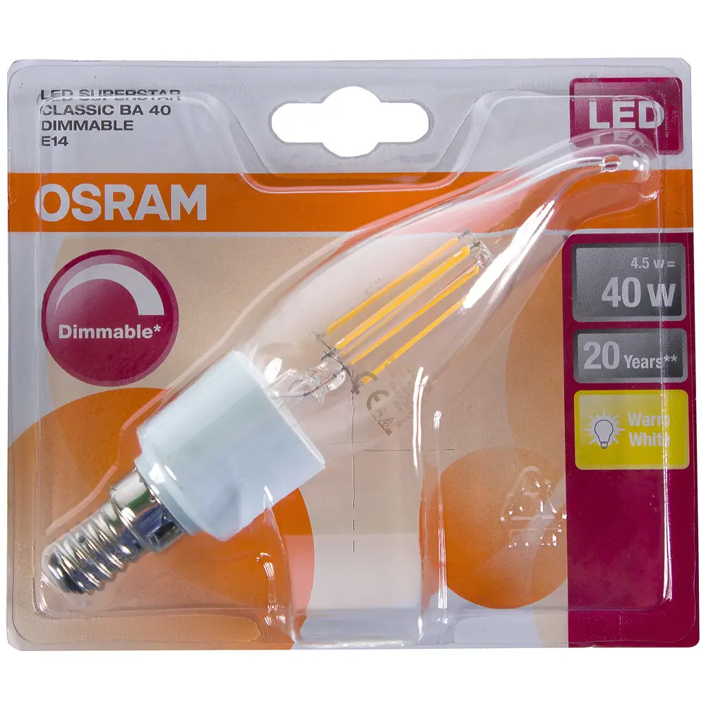 Фото 2 Лампа светодиодная диммируемая Osram «Свеча», E14, 4,5 Вт, 470 Лм, свет тёплый белый, прозрачная колба Фото 2 Лампа светодиодная диммируемая Osram «Свеча», E14, 4,5 Вт, 470 Лм, свет тёплый белый, прозрачная колба