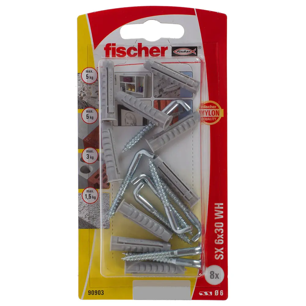 Фото 4 Дюбель для полнотелых материалов Fischer SX с прямым крюком, 6x30 мм нейлон/оцинкованная, сталь, 8 шт.