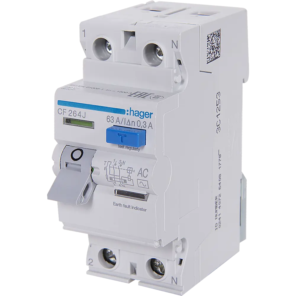 Фото УЗО Hager CF264J 1P N 63 A 300 мА 6 кА AC Фото УЗО Hager CF264J 1P N 63 A 300 мА 6 кА AC