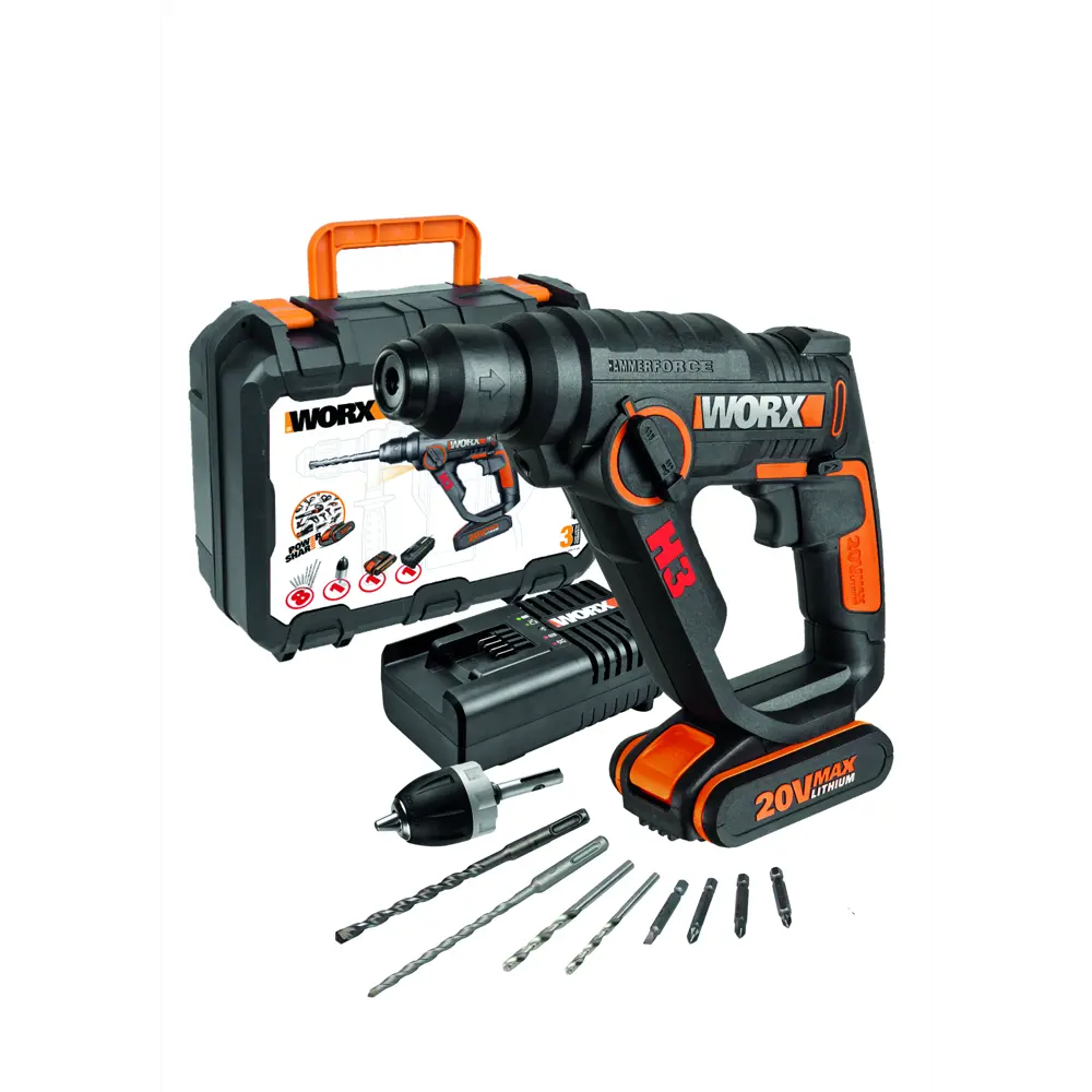 Фото 5 Аккумуляторный перфоратор SDS-plus Worx WX550.1, 20 В Li-Ion 1x1.5 Ач, 1.2 Дж Фото 5 Аккумуляторный перфоратор SDS-plus Worx WX550.1, 20 В Li-Ion 1x1.5 Ач, 1.2 Дж