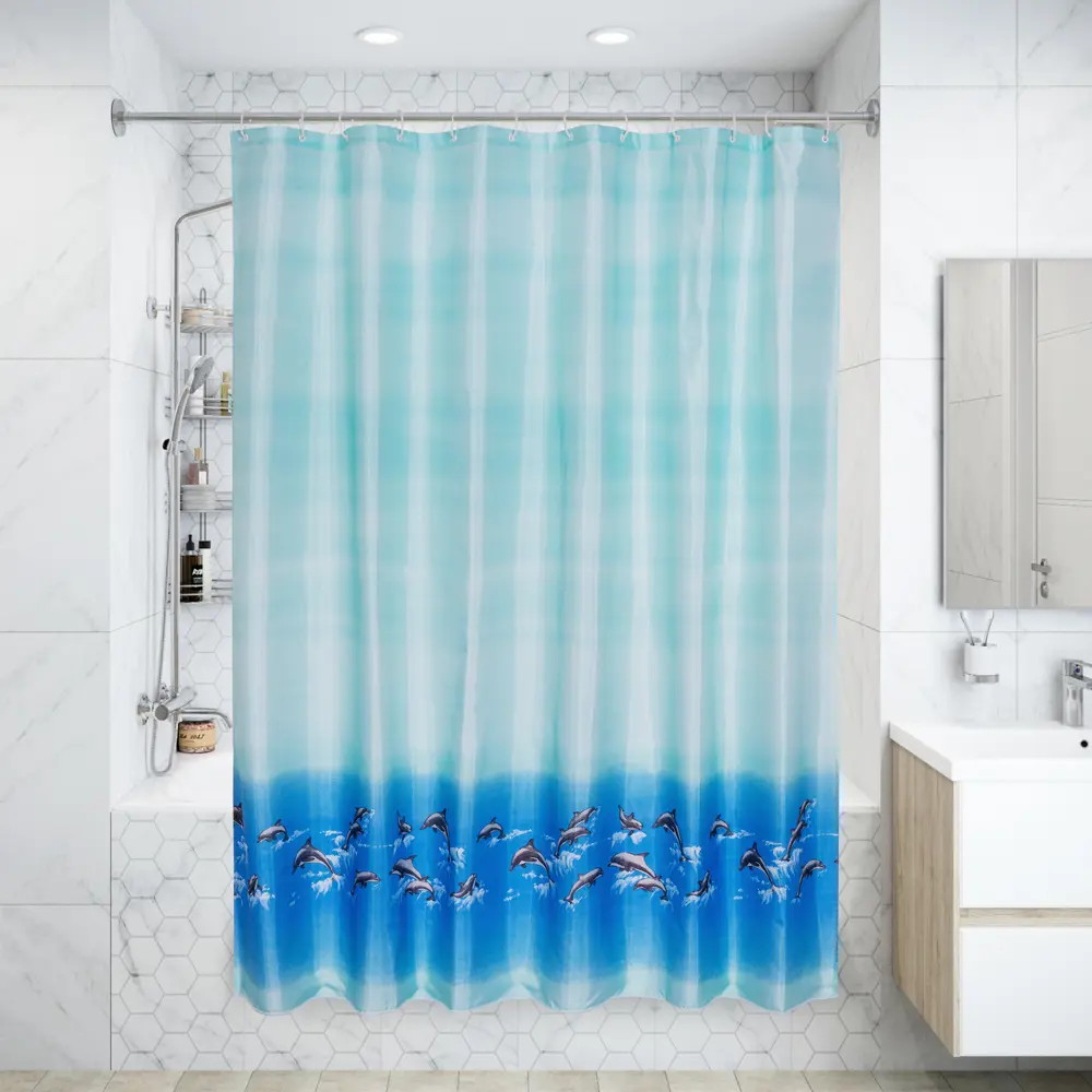 Фото Штора для ванной комнаты «Bath Plus Dolphin Dance» 180x180 см цвет голубой Фото Штора для ванной комнаты «Bath Plus Dolphin Dance» 180x180 см цвет голубой