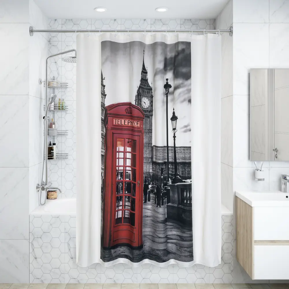 Фото Штора для ванной комнаты «London print» 180x200 см цвет серый Фото Штора для ванной комнаты «London print» 180x200 см цвет серый