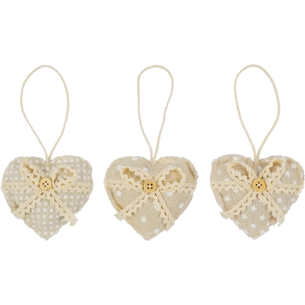 Фото Елочная игрушка "Сердечки" 9x9x8 см ткань бежевый 3 шт. Фото Елочная игрушка "Сердечки" 9x9x8 см ткань бежевый 3 шт.