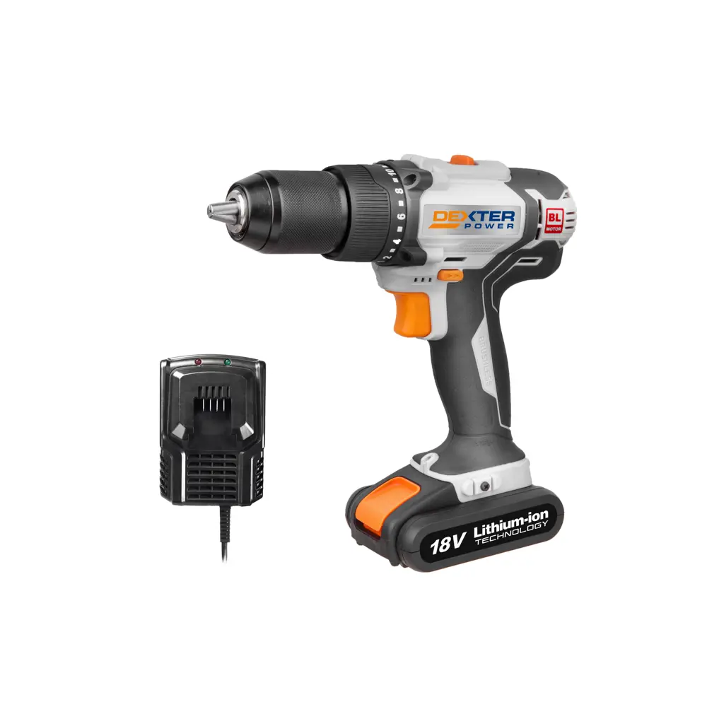 Фото 2 Дрель-шуруповерт бесщеточная ударная Dexter Power CDI218BD.2, 18 В Li-ion 2 Ач