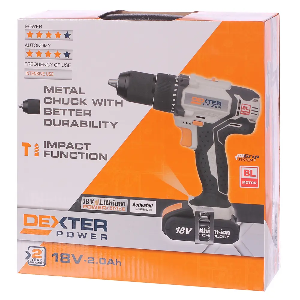 Фото 6 Дрель-шуруповерт бесщеточная ударная Dexter Power CDI218BD.2, 18 В Li-ion 2 Ач