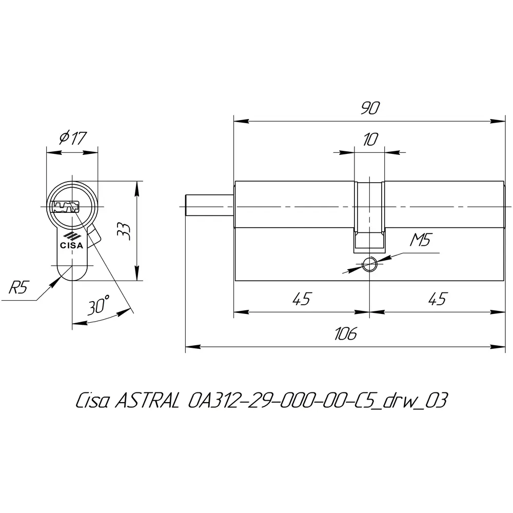 Фото 5 Цилиндр Cisa Astral ОА312-29.00, 40x10x40 мм, ключ/шток, цвет латунь, без вертушки Фото 5 Цилиндр Cisa Astral ОА312-29.00, 40x10x40 мм, ключ/шток, цвет латунь, без вертушки