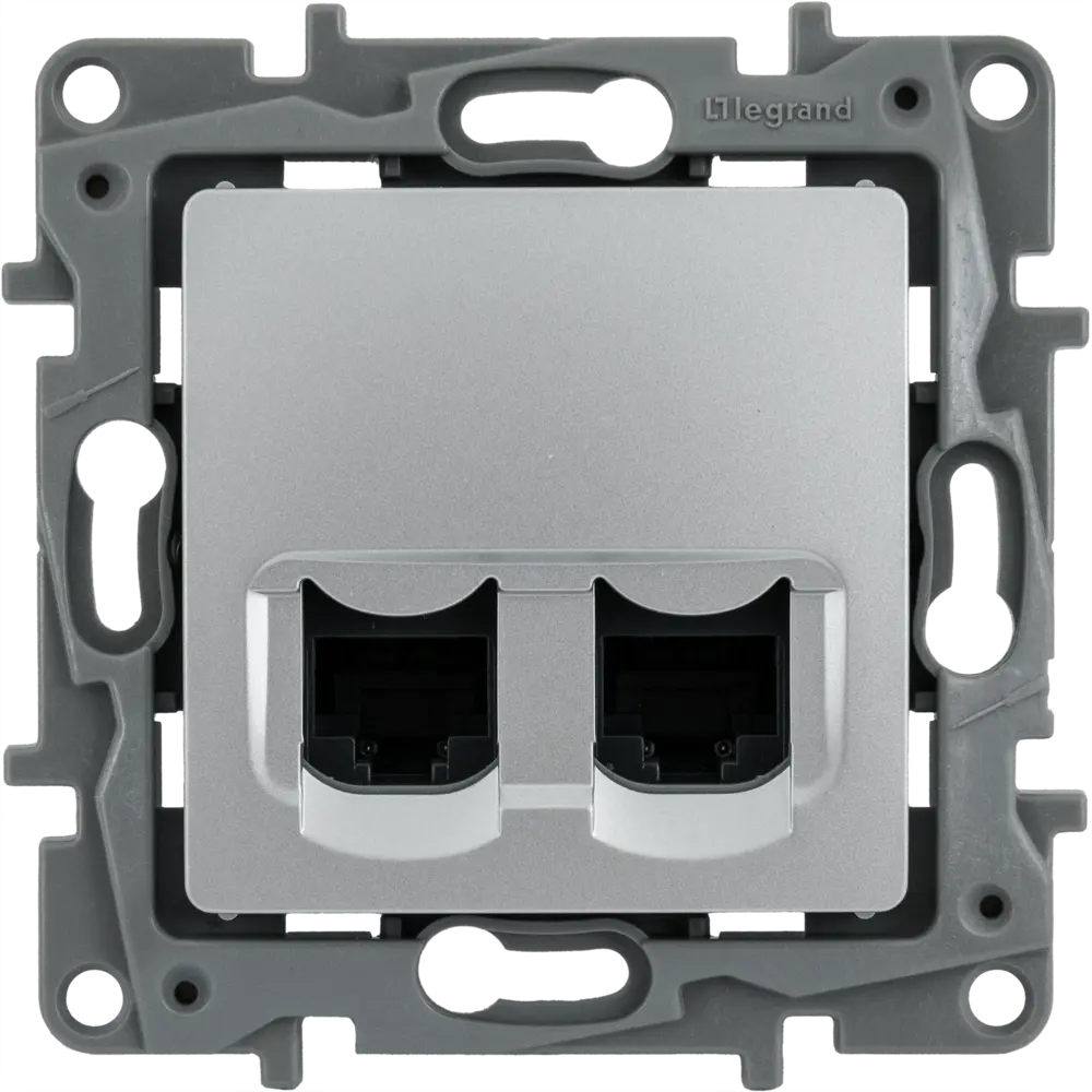 Фото Розетка компьютерная двойная RJ45 категория 5e UTP - Legrand Etika - алюминий Фото Розетка компьютерная двойная RJ45 категория 5e UTP - Legrand Etika - алюминий