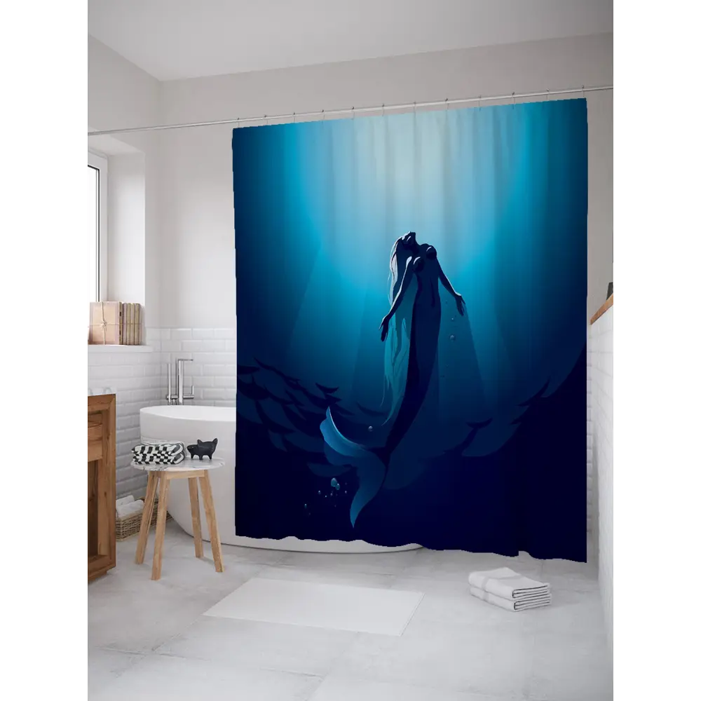 Фото Штора для ванной JoyArty Отчаянная русалка из ткани, 180x200 см с крючками